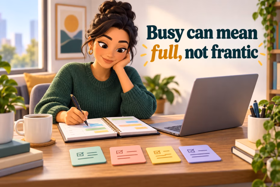A busy professional reviewing a full planner calmly. Busy can mean full, not frantic.