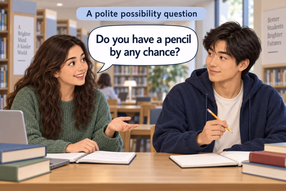 Two students at a library desk; one asks, “Do you have a pencil by any chance?”