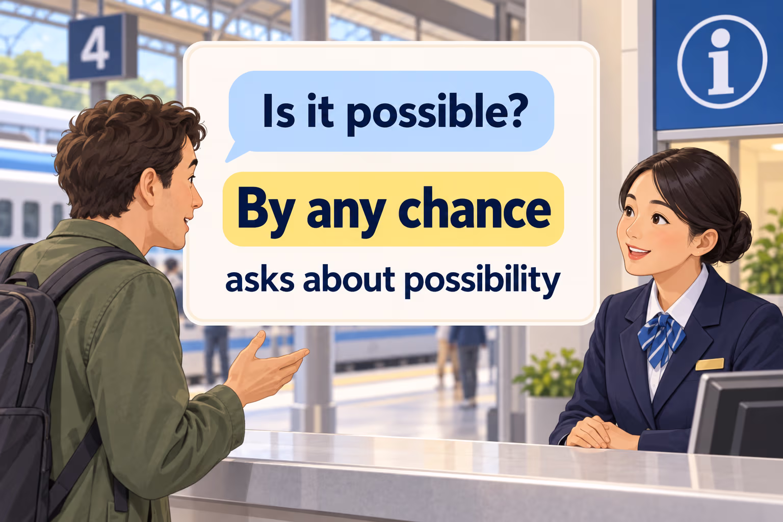 A traveler at an information desk; the graphic states that by any chance asks about possibility.
