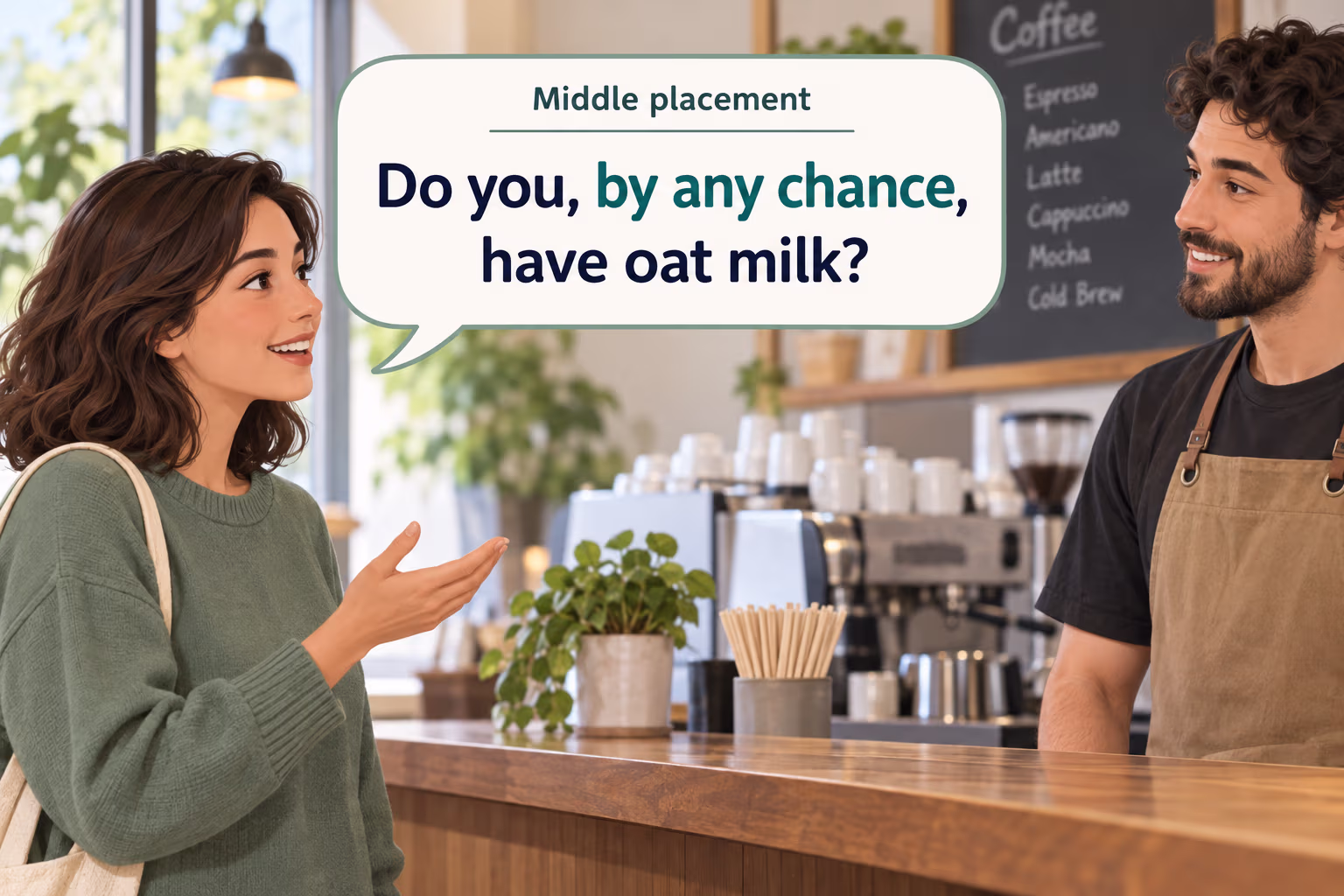 At a café, a customer asks whether oat milk is available, using by any chance in the middle of the question.