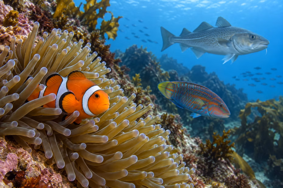 Clownfish, cod, and wrasse swimming in a reef habitat