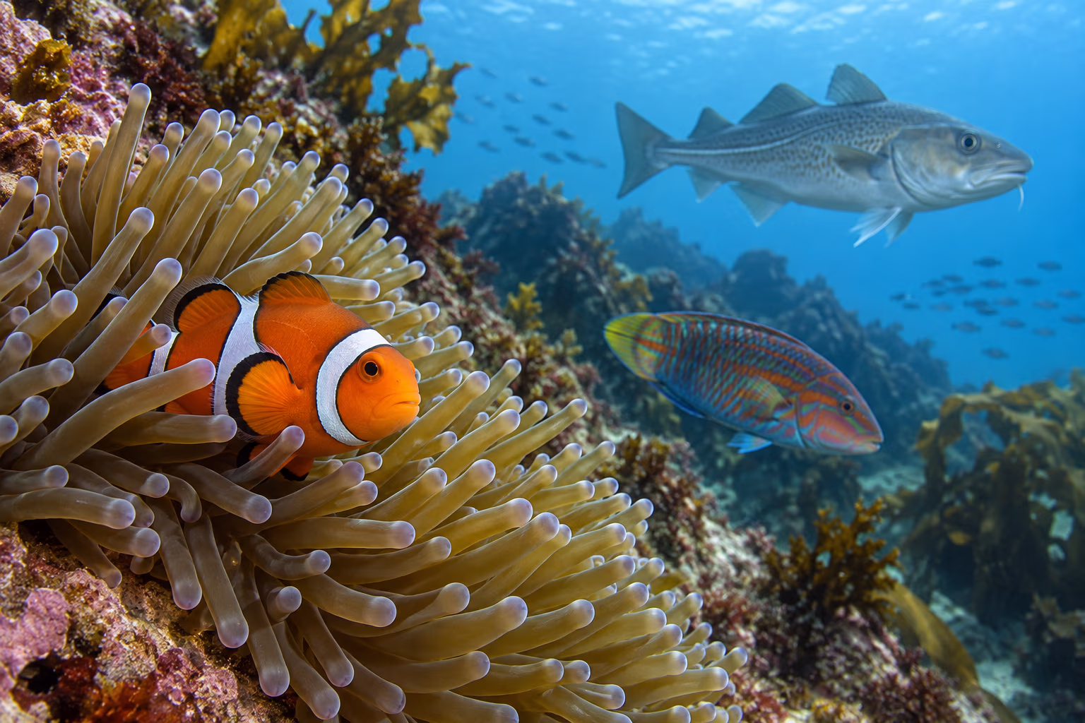 Clownfish, cod, and wrasse swimming in a reef habitat