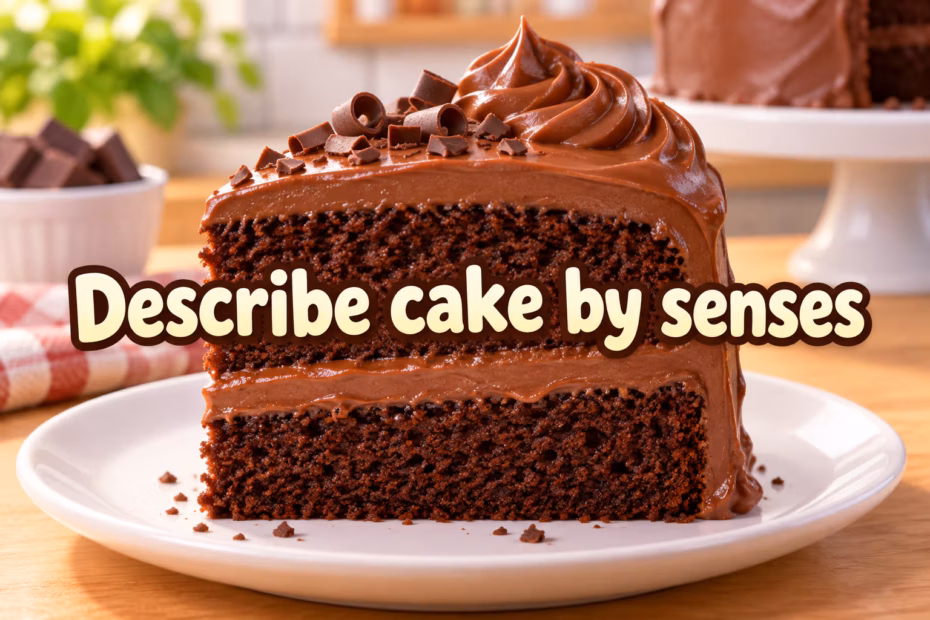 Chocolate layer cake slice showing glossy frosting and a visible crumb. Text: “Describe cake by senses.”
