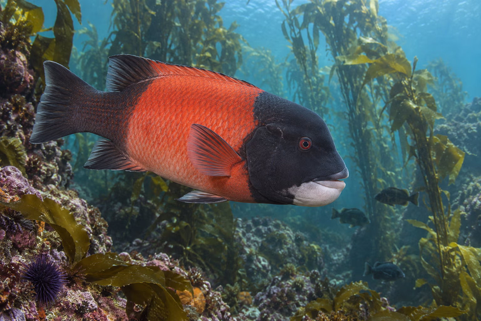 A California sheephead swimming above a kelp reef