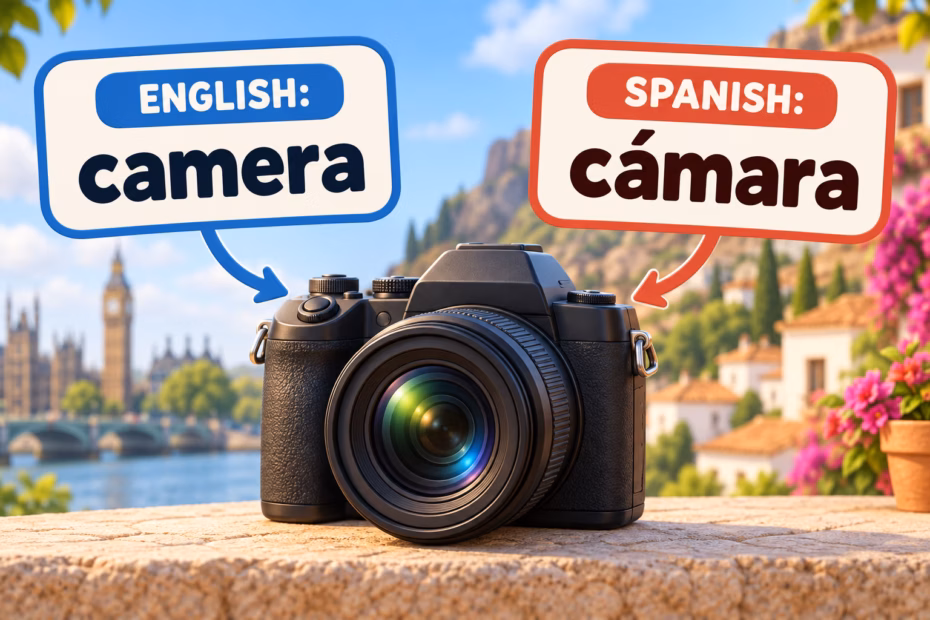 A photo camera is labeled with its English spelling, camera, and Spanish translation, cámara.