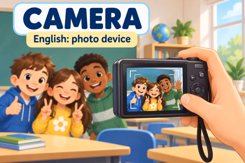 A compact camera taking a photograph in a classroom; the English device spelling is camera.