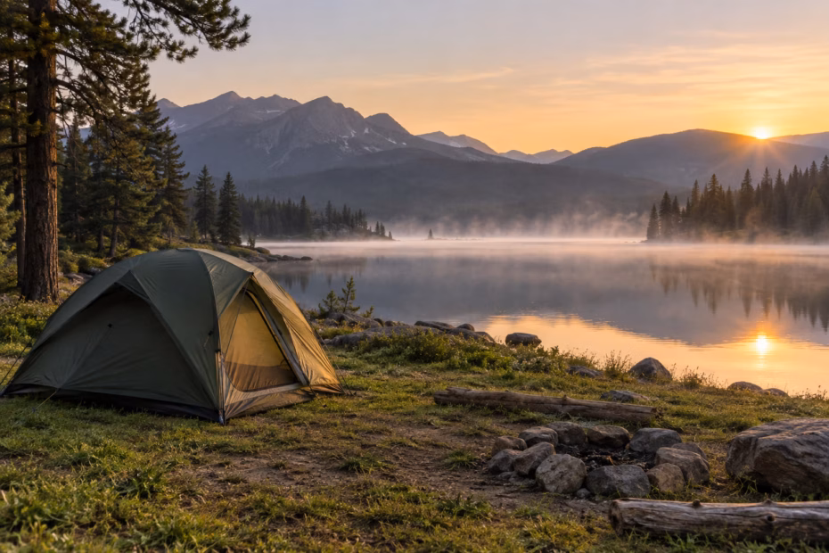 Olive-green tent beside a still mountain lake at sunrise