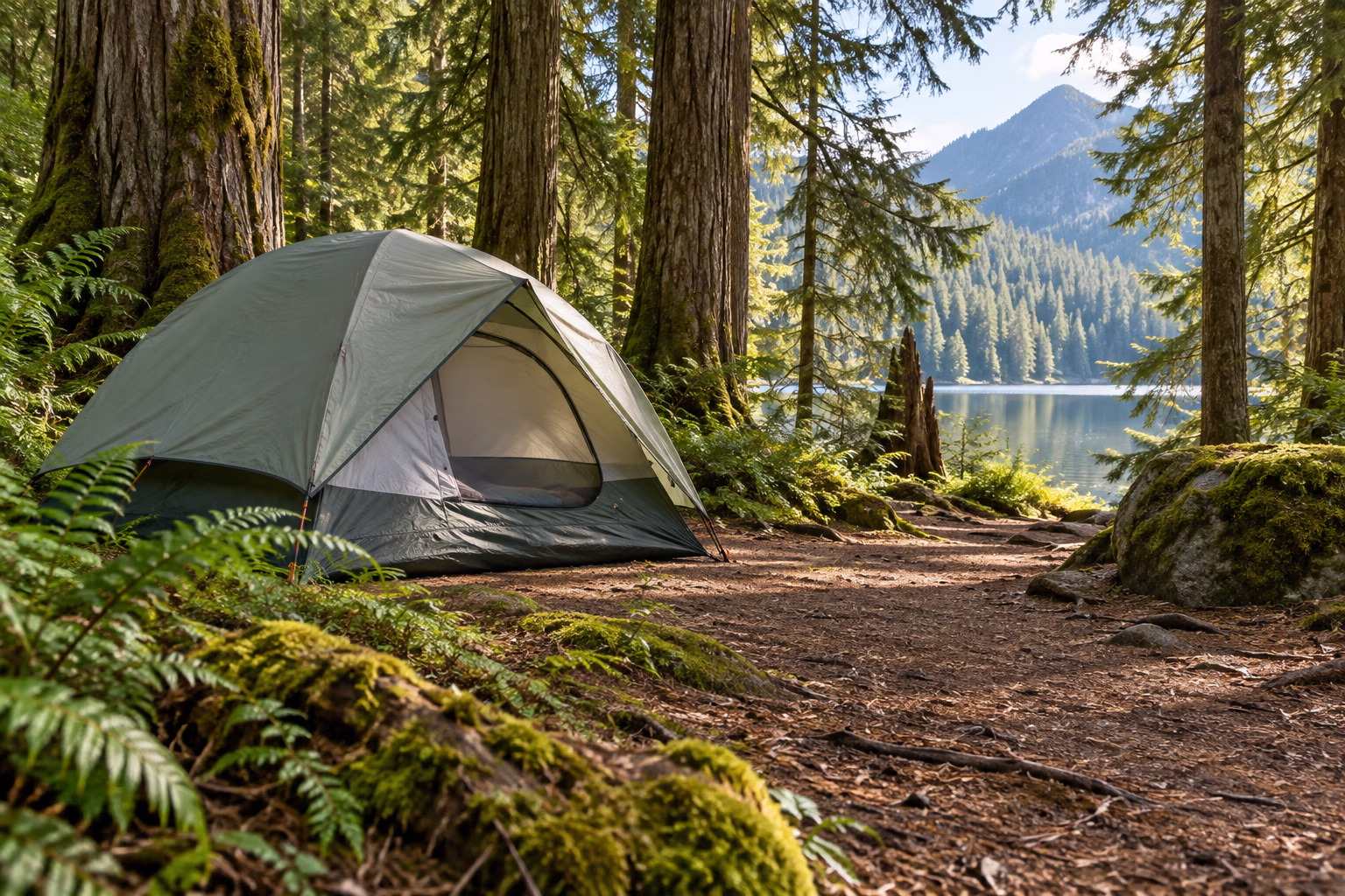 Tent under tall trees at a shaded forest campsite