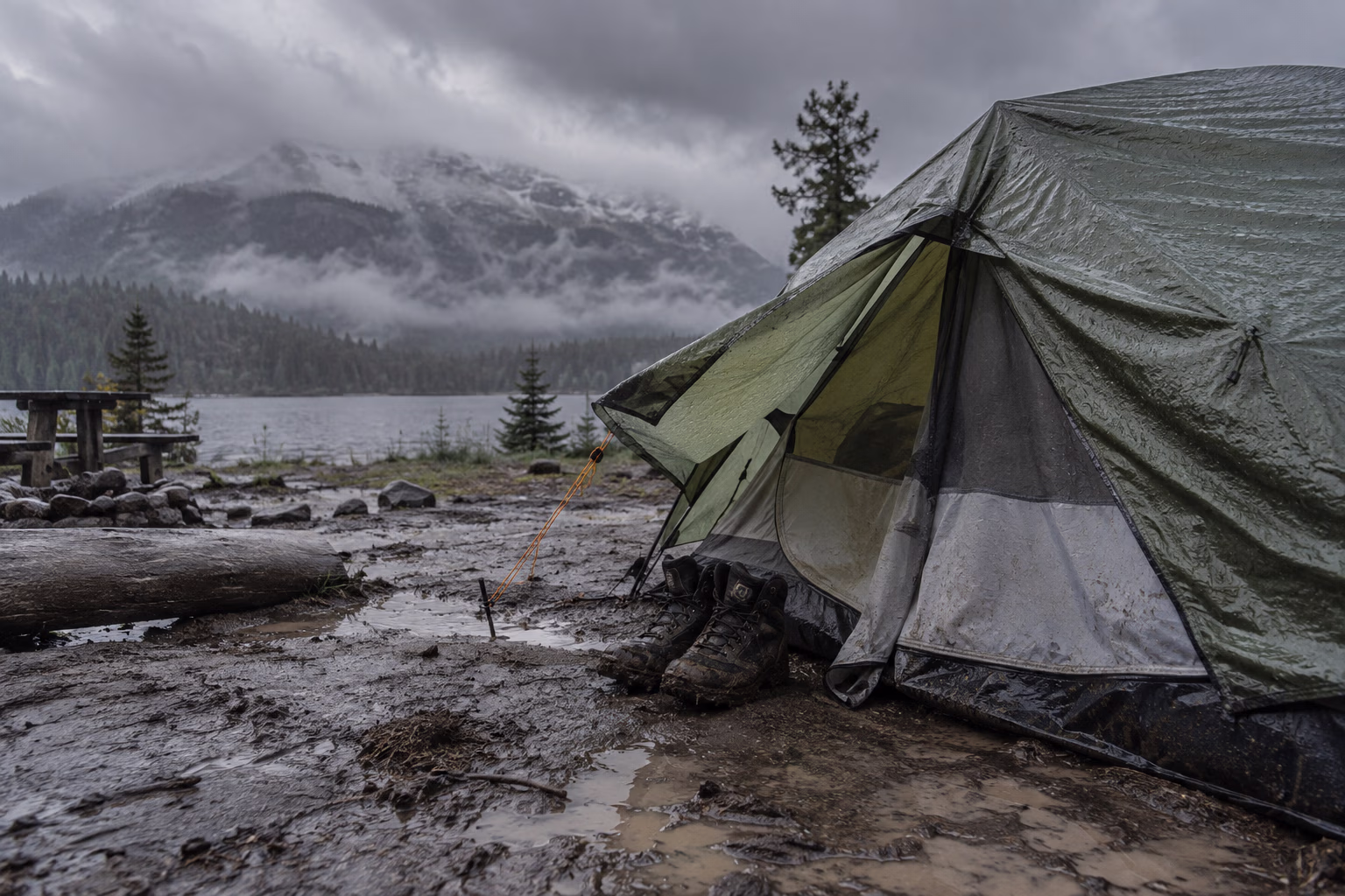Rain-soaked tent and boots on a muddy campground beneath gray clouds