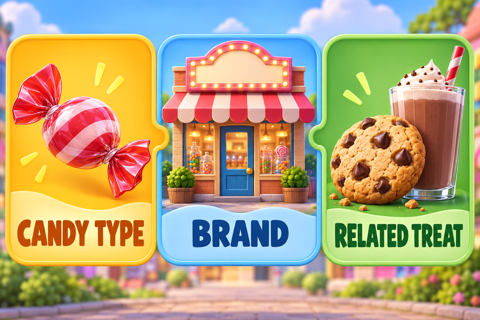 Illustrated A-to-Z candy directory with a traveler exploring sweets around a globe.