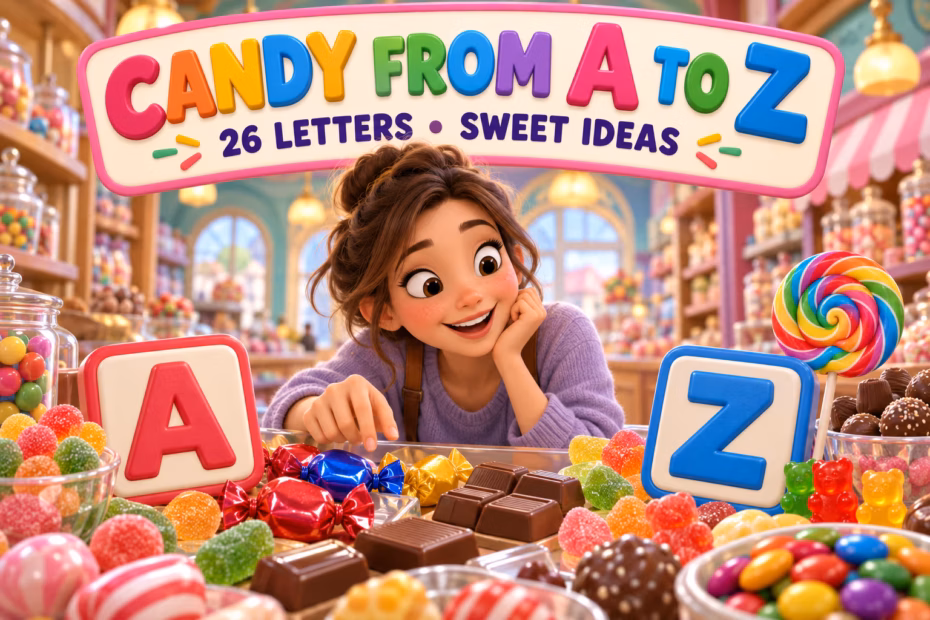 Generic wrapped sweets, chocolate, gummies, and a lollipop surround the A and Z tiles in an A-to-Z candy directory illustration.