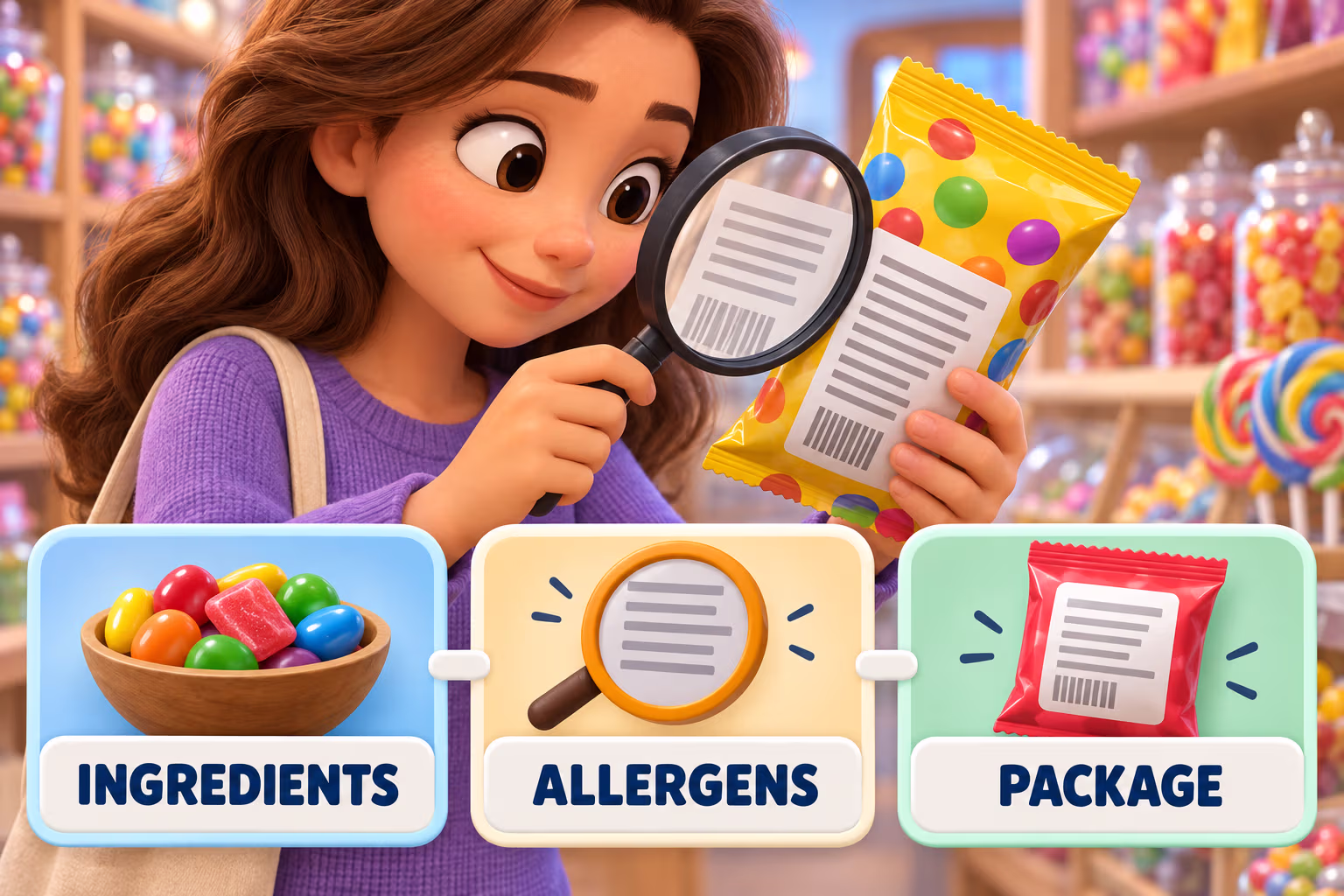 Three cards separate named candy products, confectionery types, and related packaged treats.