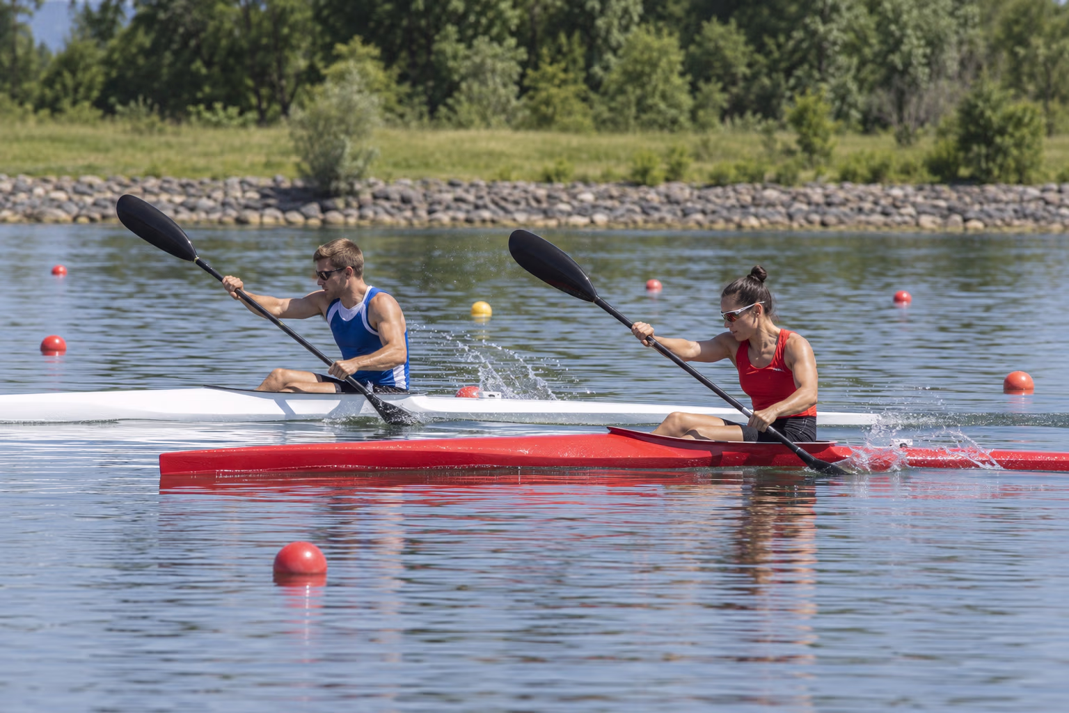 Two paddlers racing in marked sprint lanes, one in a kayak using a double-bladed paddle and one in a canoe using a single-bladed paddle.