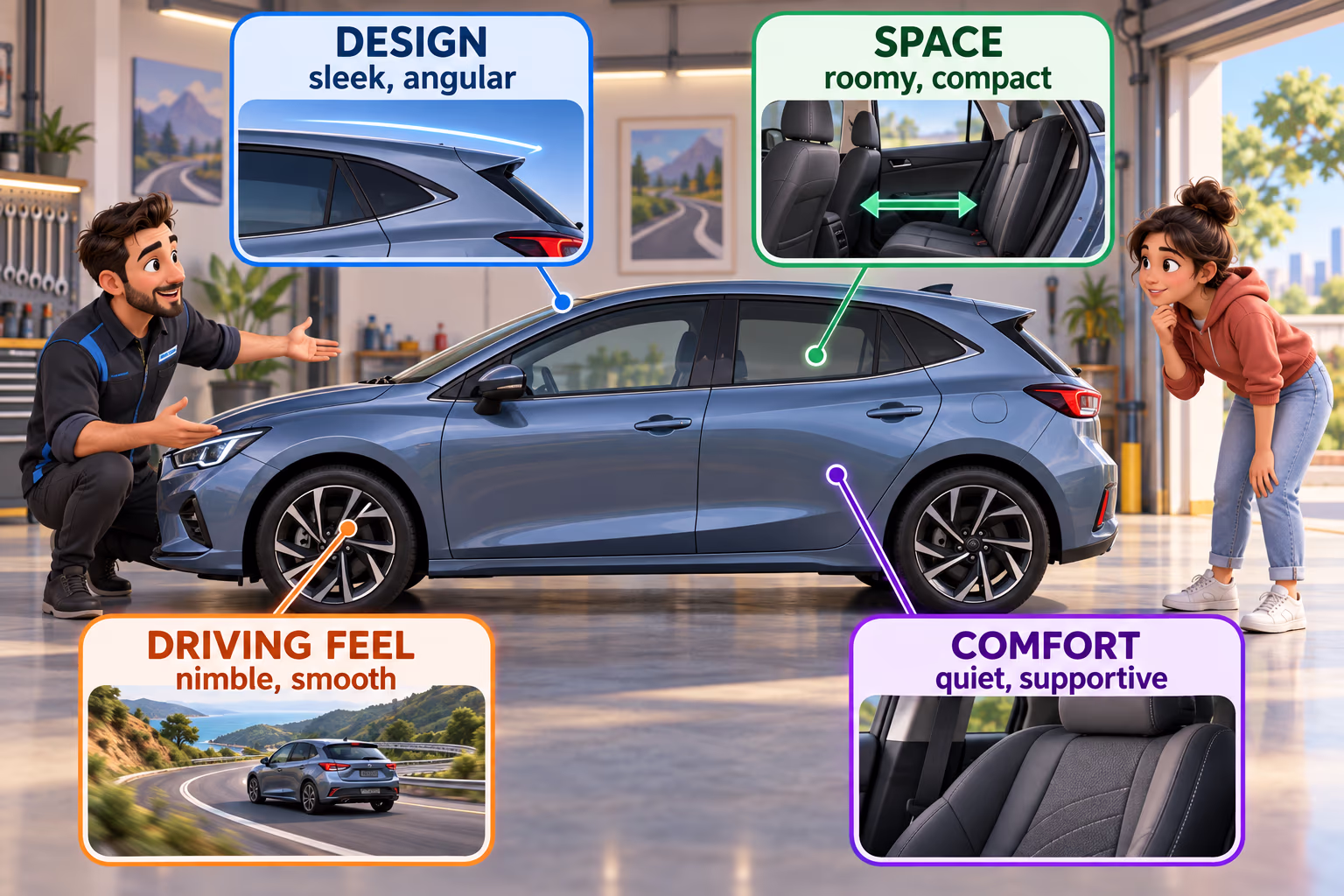 Illustrated car adjective guide grouping words by design, space, driving feel, and comfort.