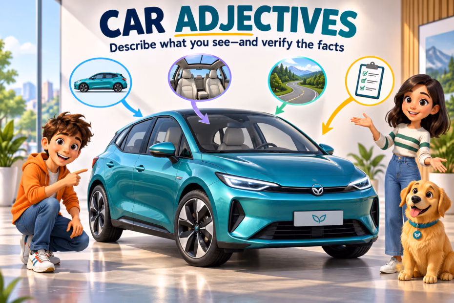 Animated teal car with visual cues for design, cabin space, road feel, and verified facts; title reads Car Adjectives.