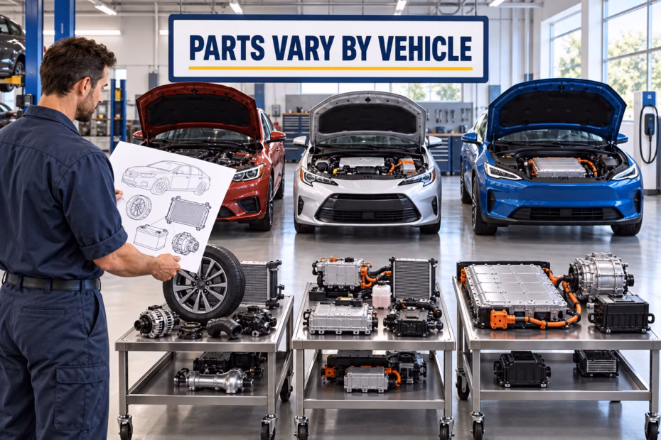 A mechanic compares parts for gasoline, hybrid, and electric vehicles beneath the label Parts vary by vehicle.