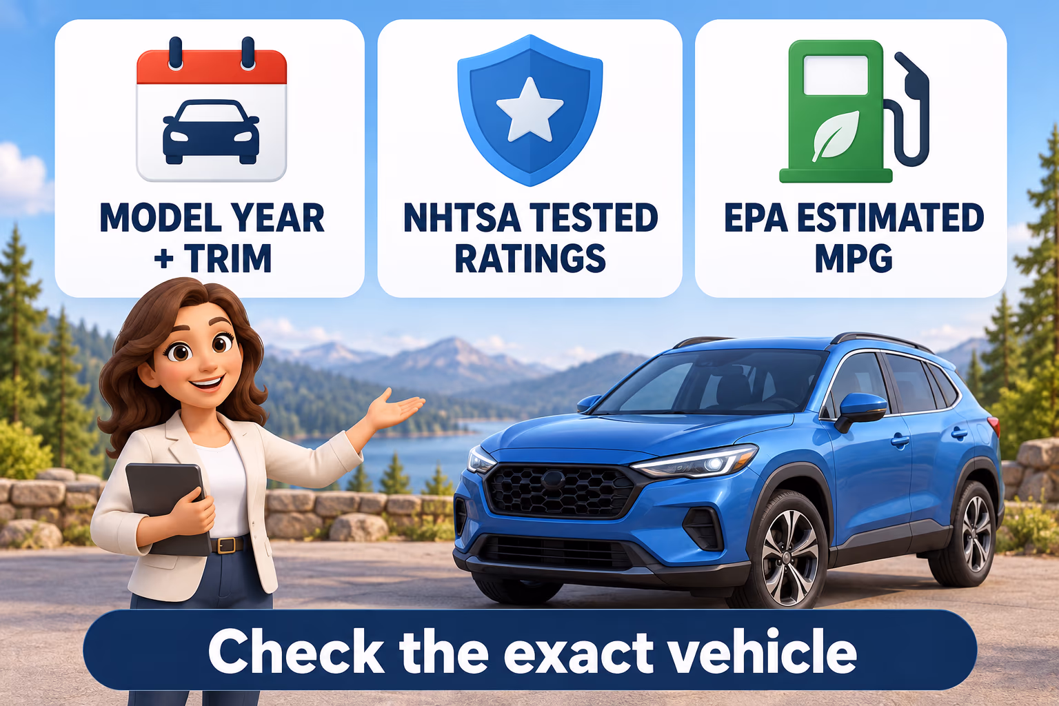 Illustrated checklist: verify the model year and trim, NHTSA tested ratings, and EPA estimated MPG.