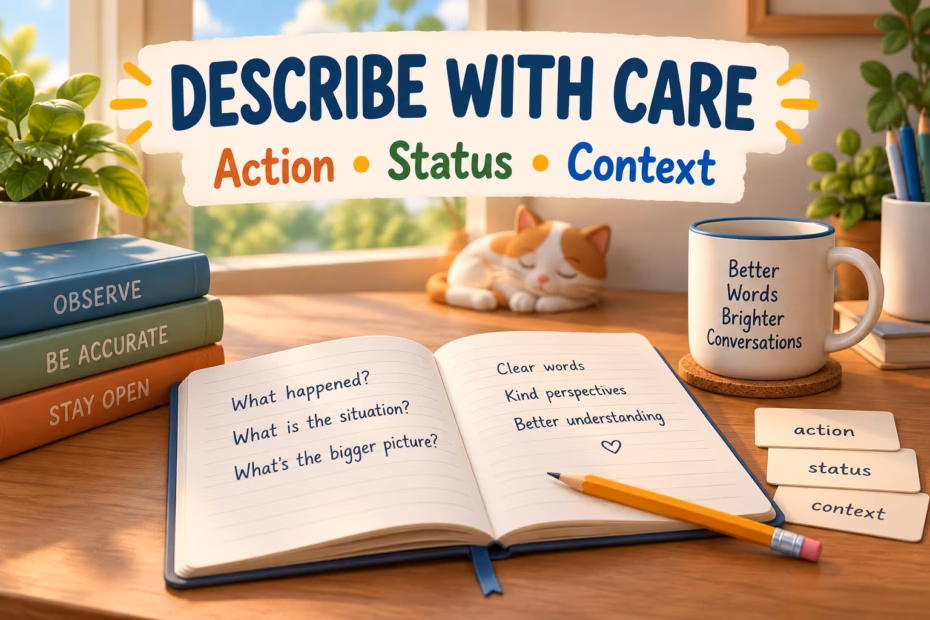 Animated writing desk with an open notebook and word cards about action, status, and context.