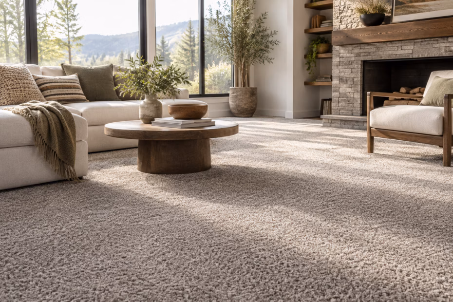 A sunlit living room with a warm gray carpet whose dense, softly flecked pile fills the foreground.