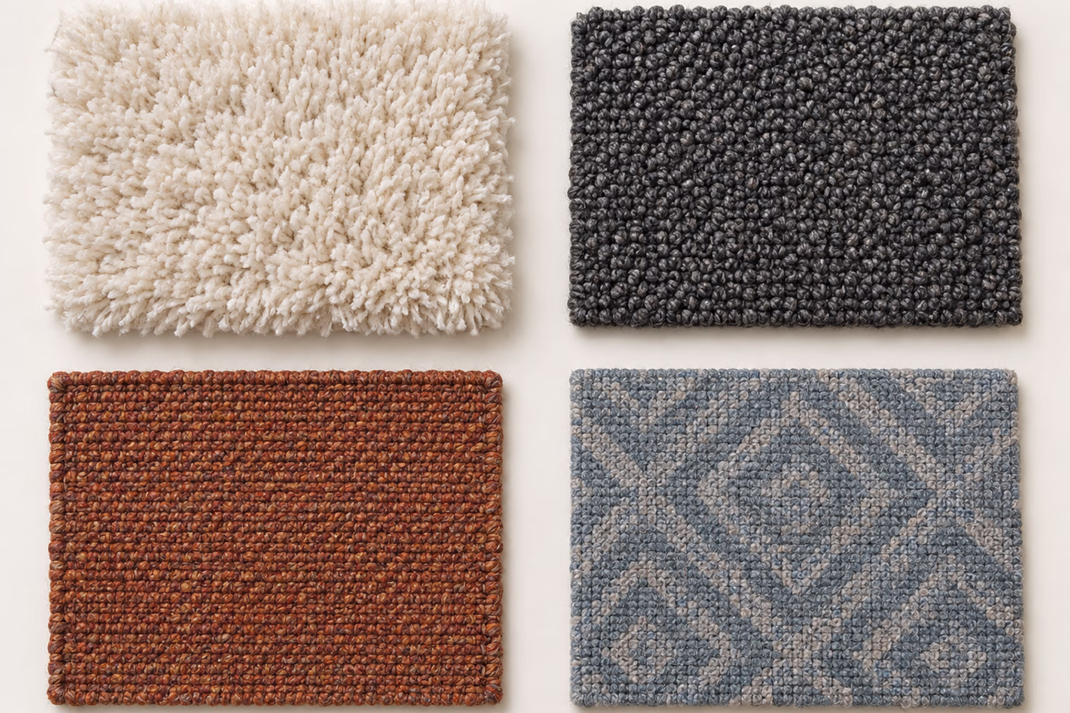 Four carpet samples show a plush ivory pile, tight charcoal loops, a rust flatweave, and a blue-gray geometric pattern.