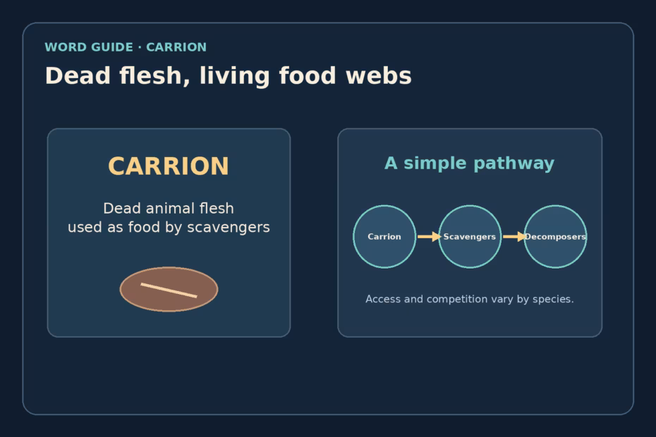 A field guide diagram defining carrion and showing a simple pathway from carrion to scavengers and decomposers.