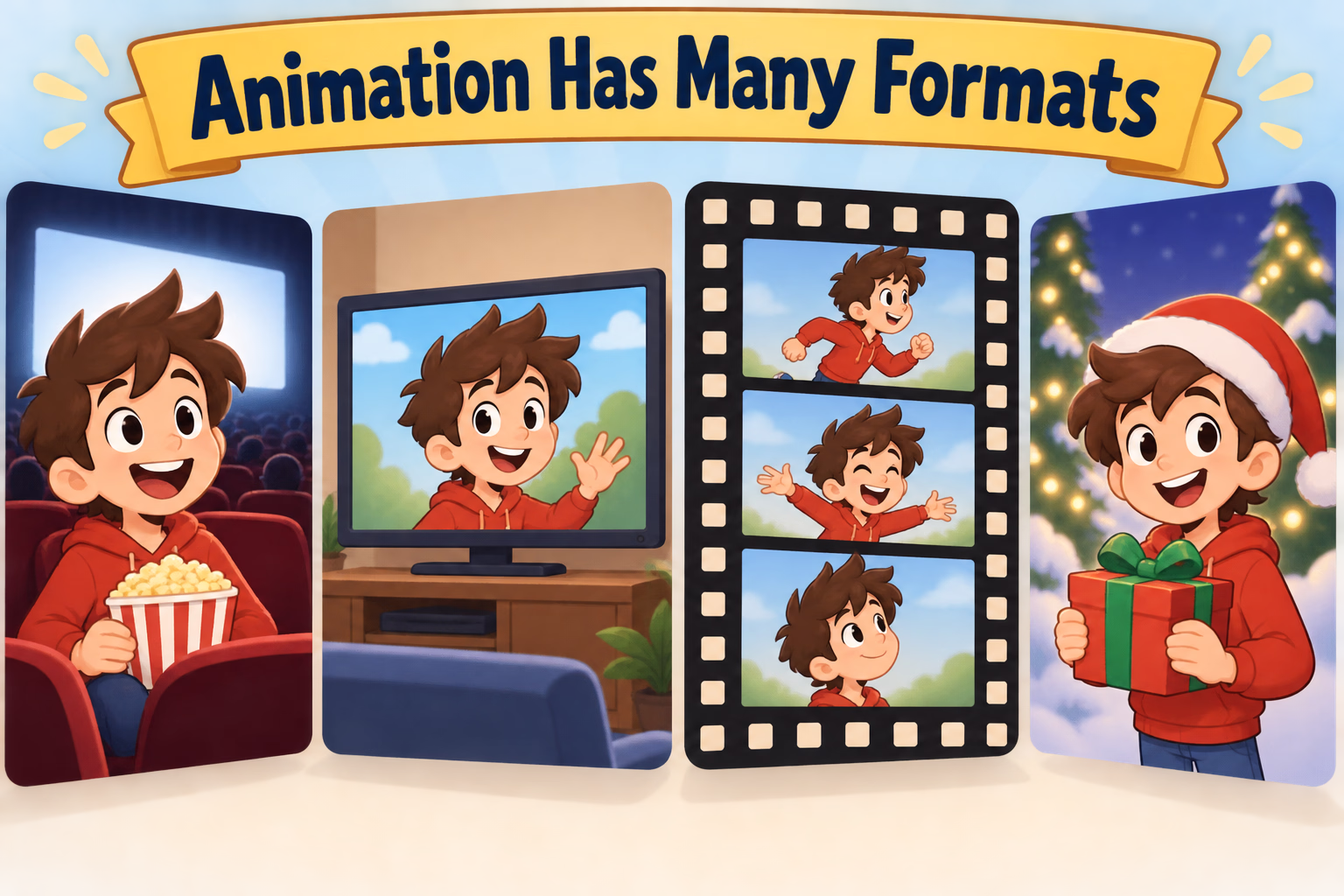 An educational illustration shows that cartoon characters appear in animated films, television series, shorts, and specials.