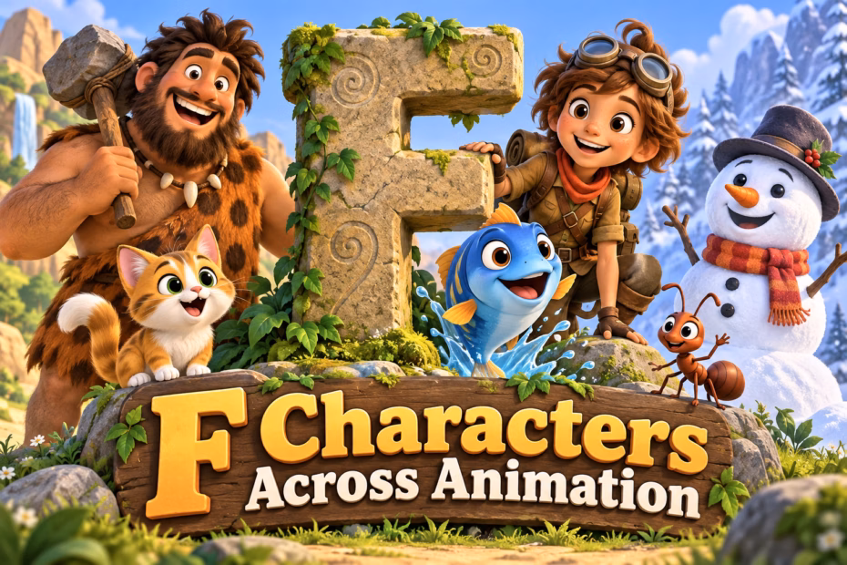 An original illustrated alphabet guide introduces cartoon characters whose names begin with F.