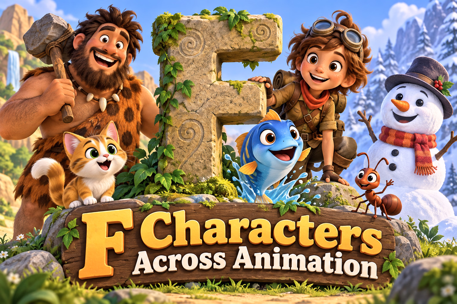 An original illustrated alphabet guide introduces cartoon characters whose names begin with F.