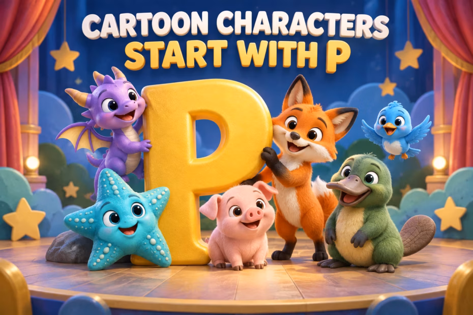 Original 3D cartoon mascots gathered around a golden letter P beneath the words Cartoon Characters Start With P.