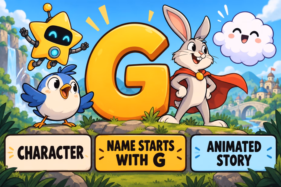 Original cartoon figures beside the letter G and labels character, name starts with G, and animated story