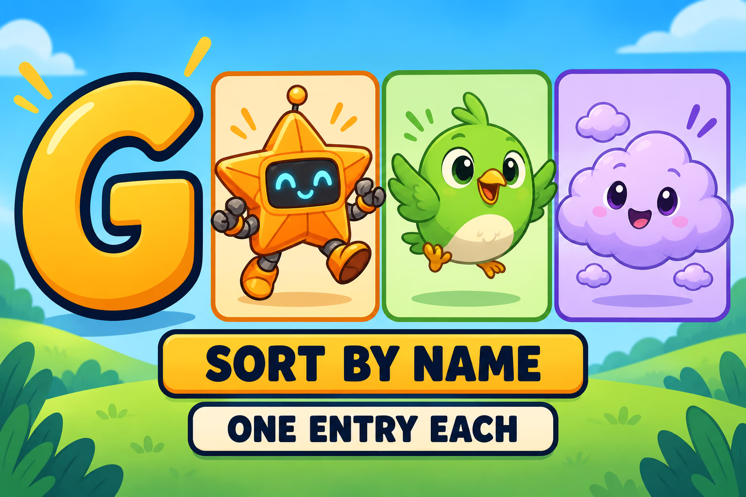 A large G and three original cartoon creatures illustrate sorting by name and listing each entry once