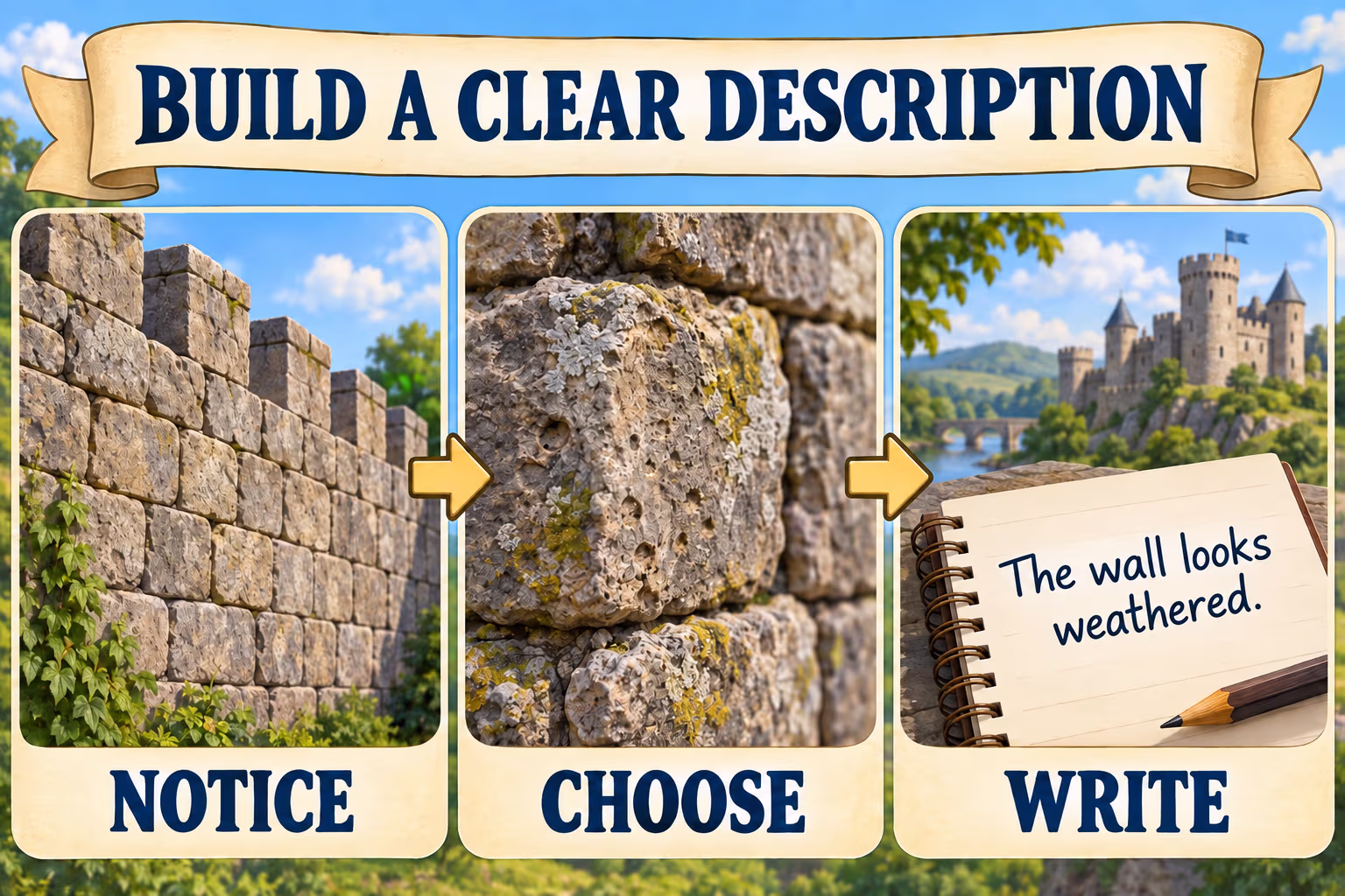 Three-step illustration shows a castle wall, close-up masonry, and a notebook sentence reading The wall looks weathered.
