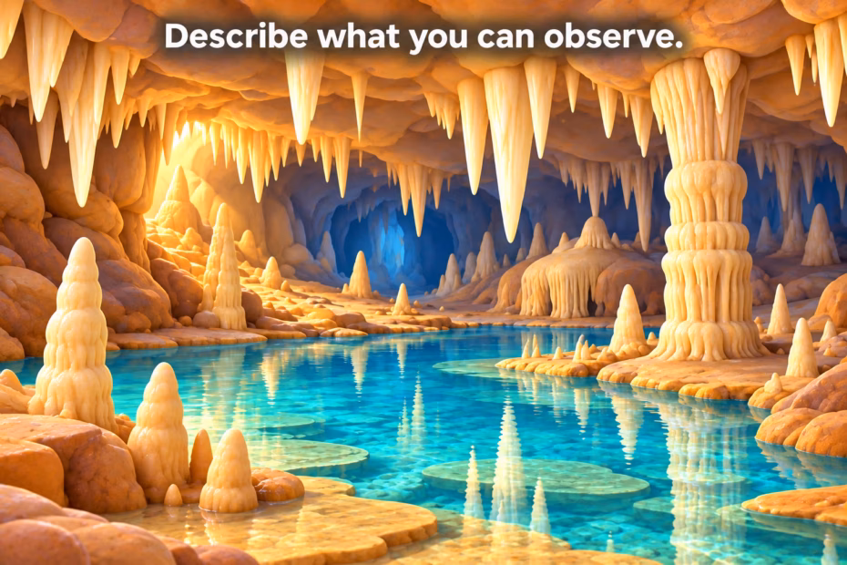 A limestone cave chamber with a reflective pool, stalactites, stalagmites, and a column; the illustration encourages describing visible cave features.
