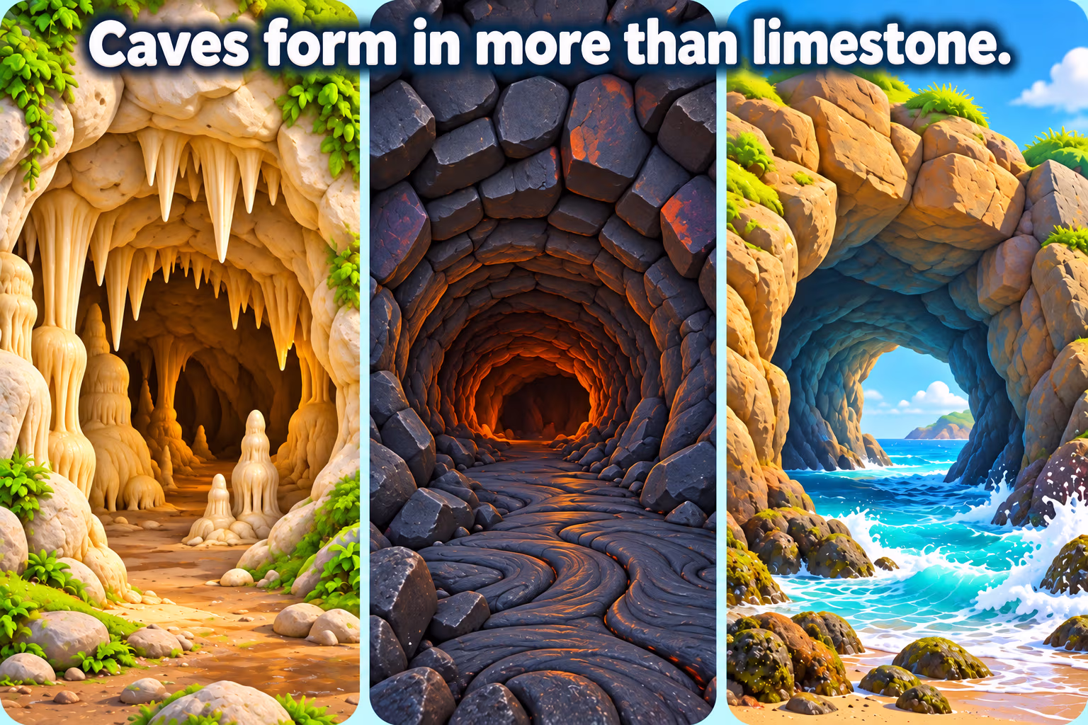Three cave settings show a limestone solution cave, a basalt lava tube, and a sea cave.