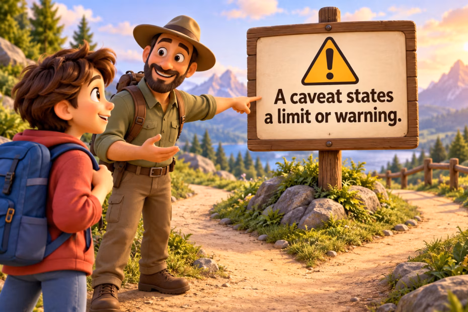 A friendly guide points out a warning sign; the sign reads “A caveat states a limit or warning.”