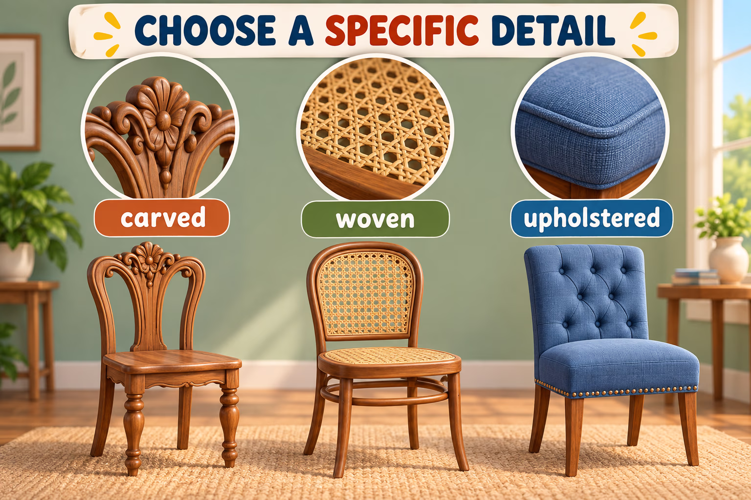 Three chair details illustrate carved wood, woven cane, and upholstered fabric.