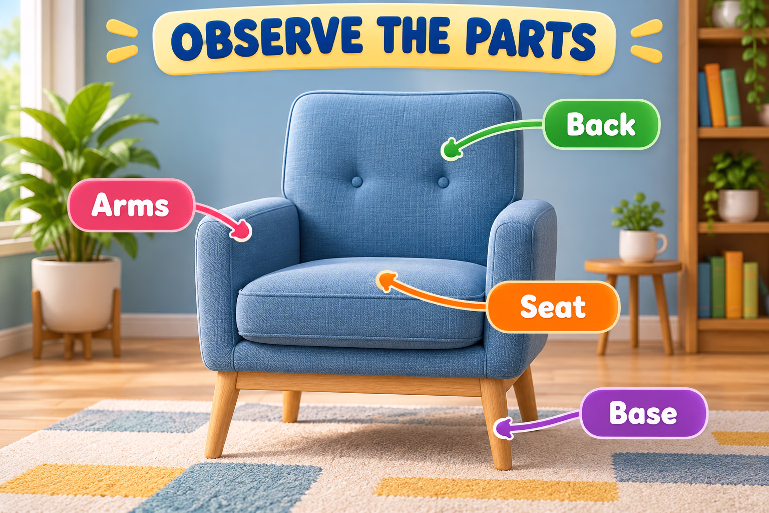Animated upholstered chair diagram labeling the back, arms, seat, and base.