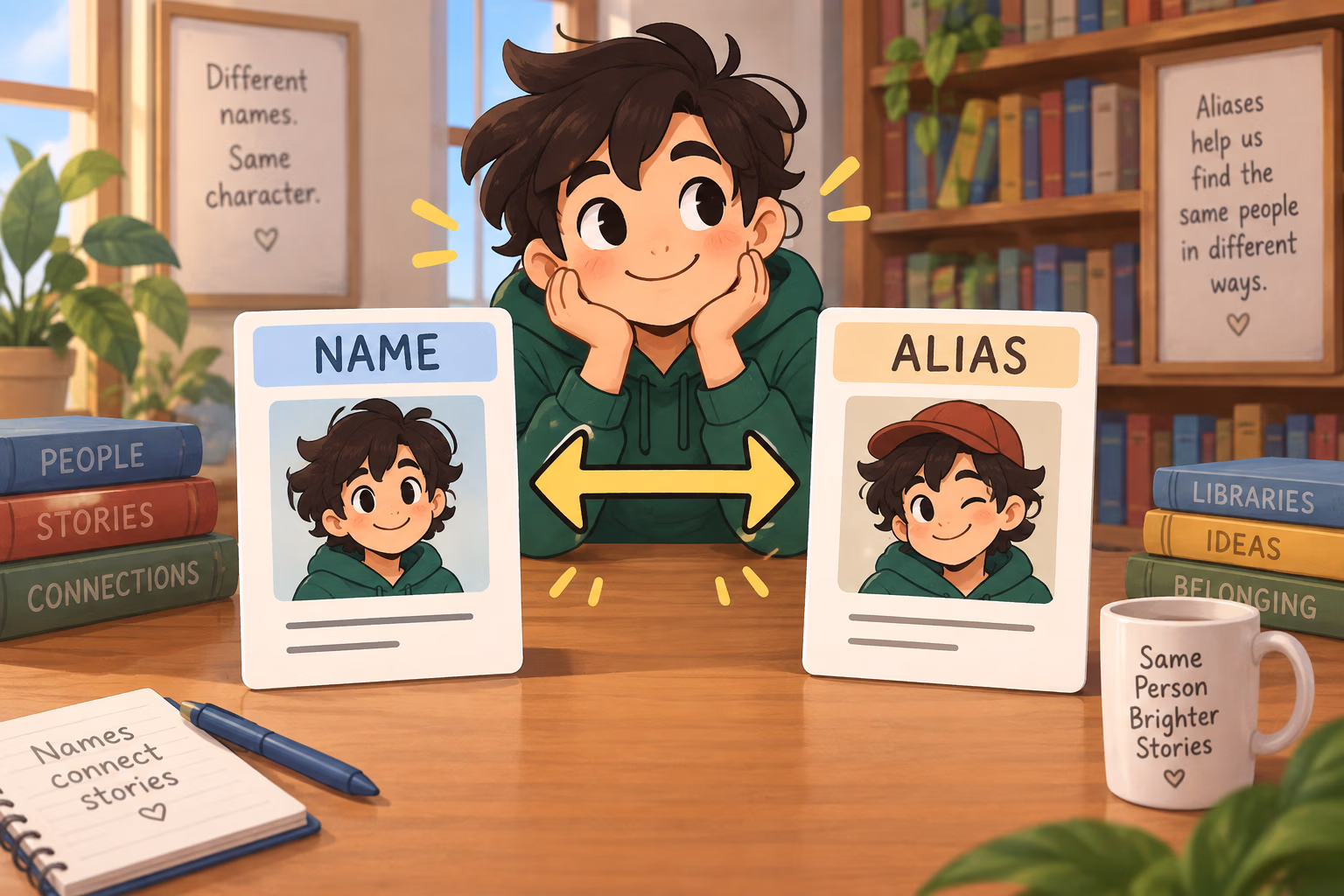 A cartoon character appears on two cards labeled name and alias.