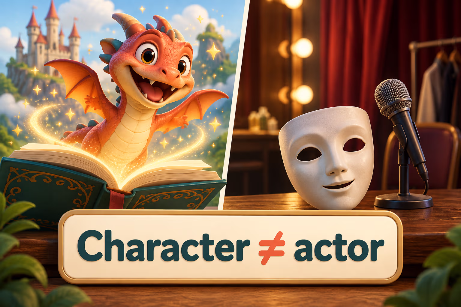 A playful imaginary creature emerges from a storybook beside a stage mask and microphone; the sign reads Character not equal to actor.