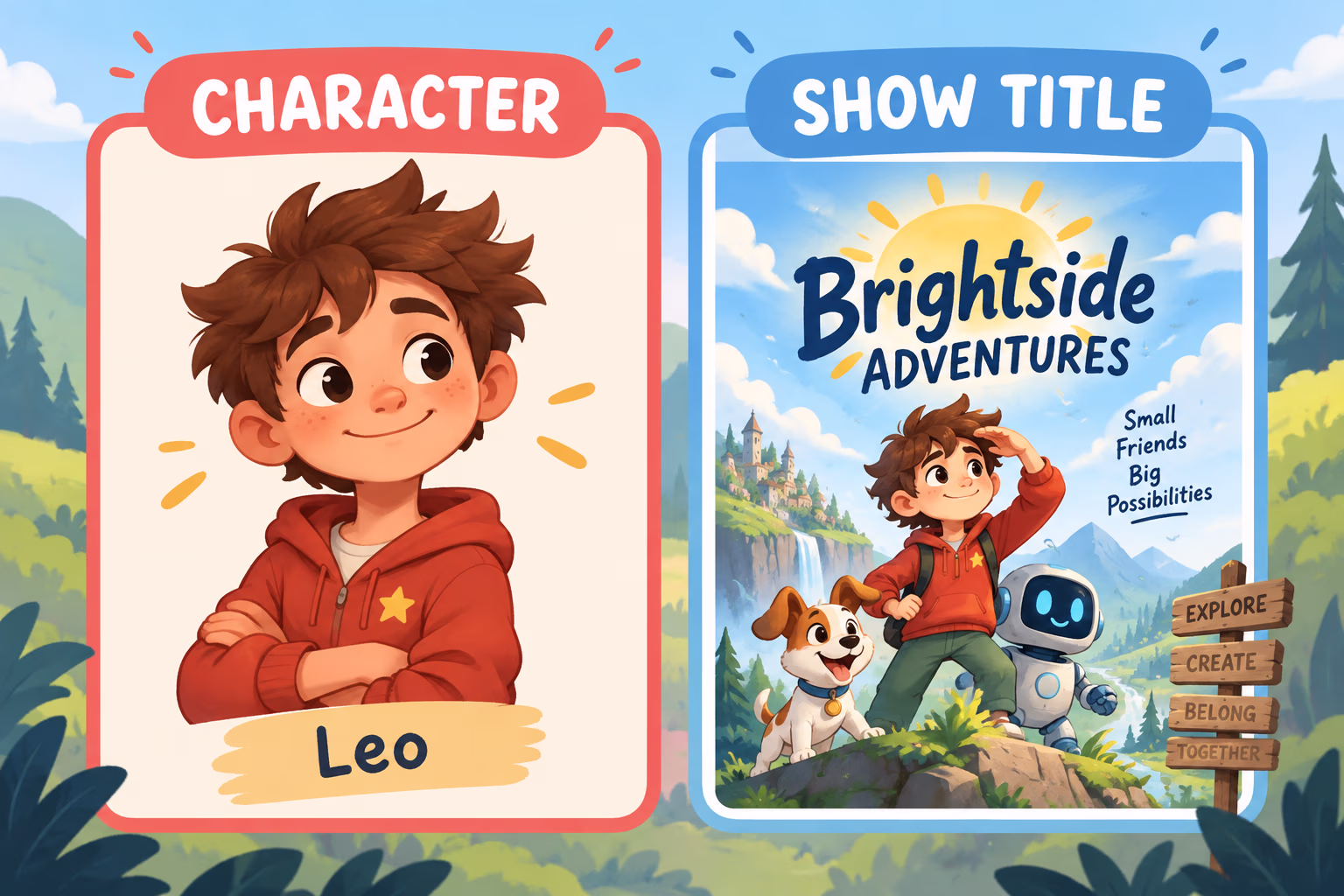 A cartoon character card is separated from a fictional show title poster.