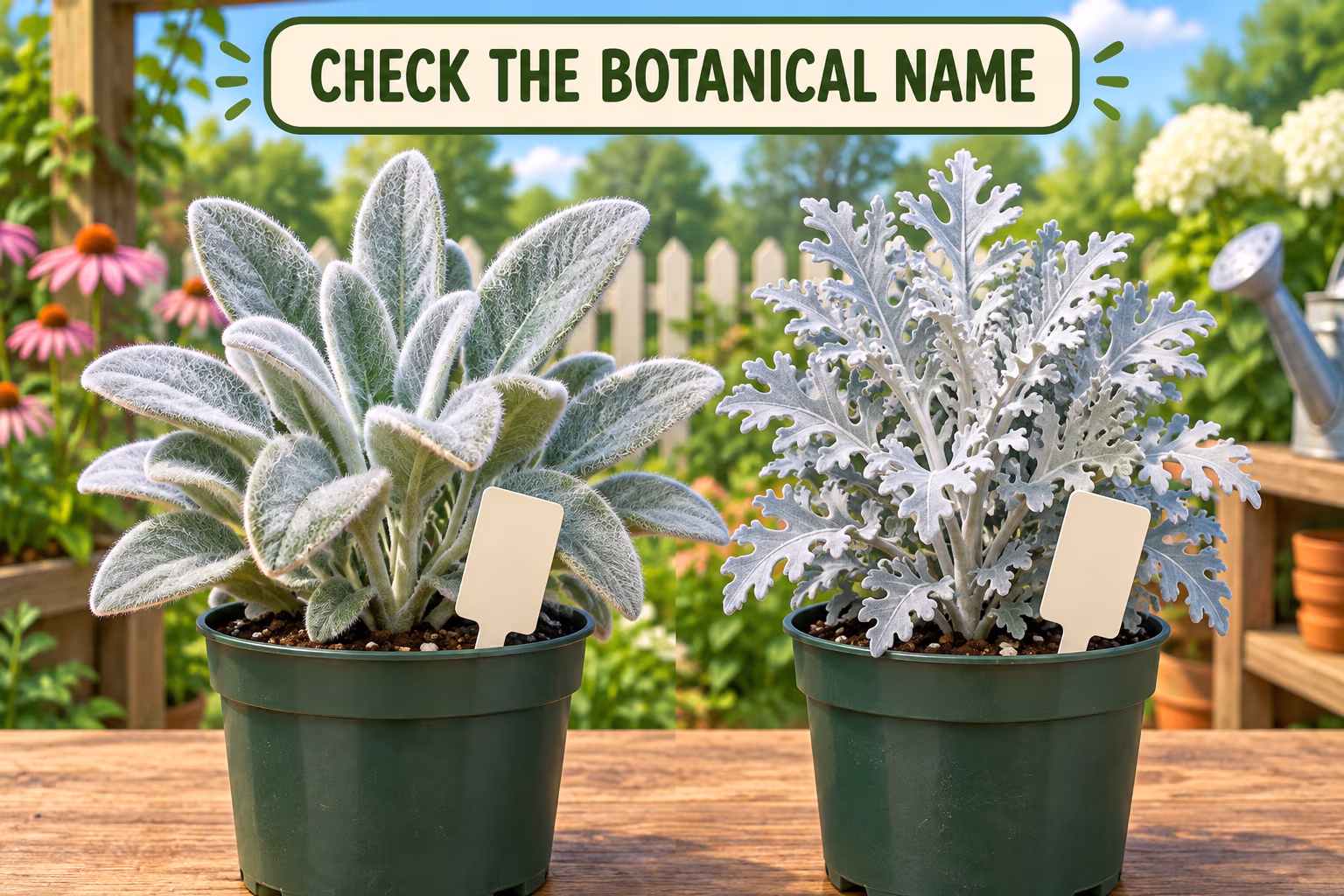 Two different silvery-leaved plants in pots with blank botanical labels