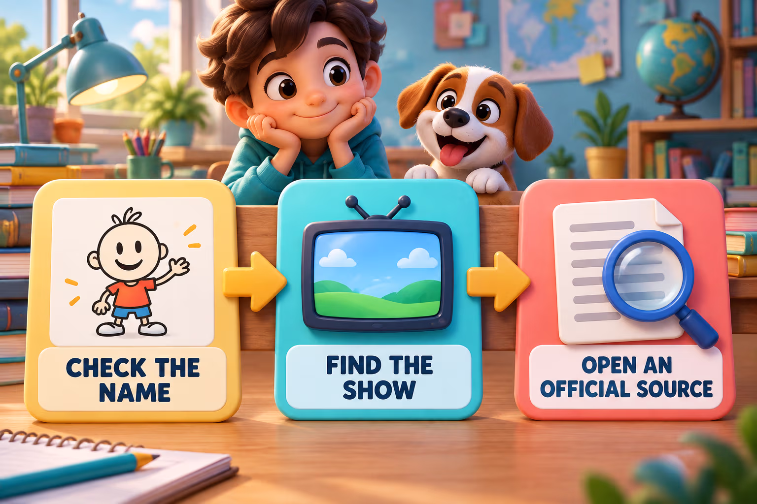A three-step illustrated research path: check a character name, find the show, and open an official source.