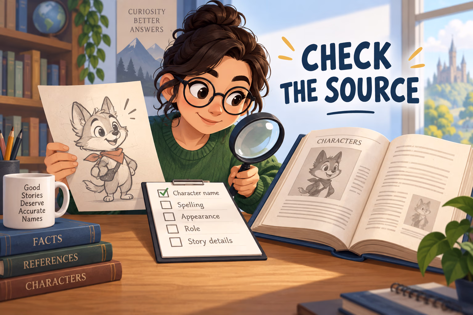 A researcher checks a character sketch against a reference page and checklist.