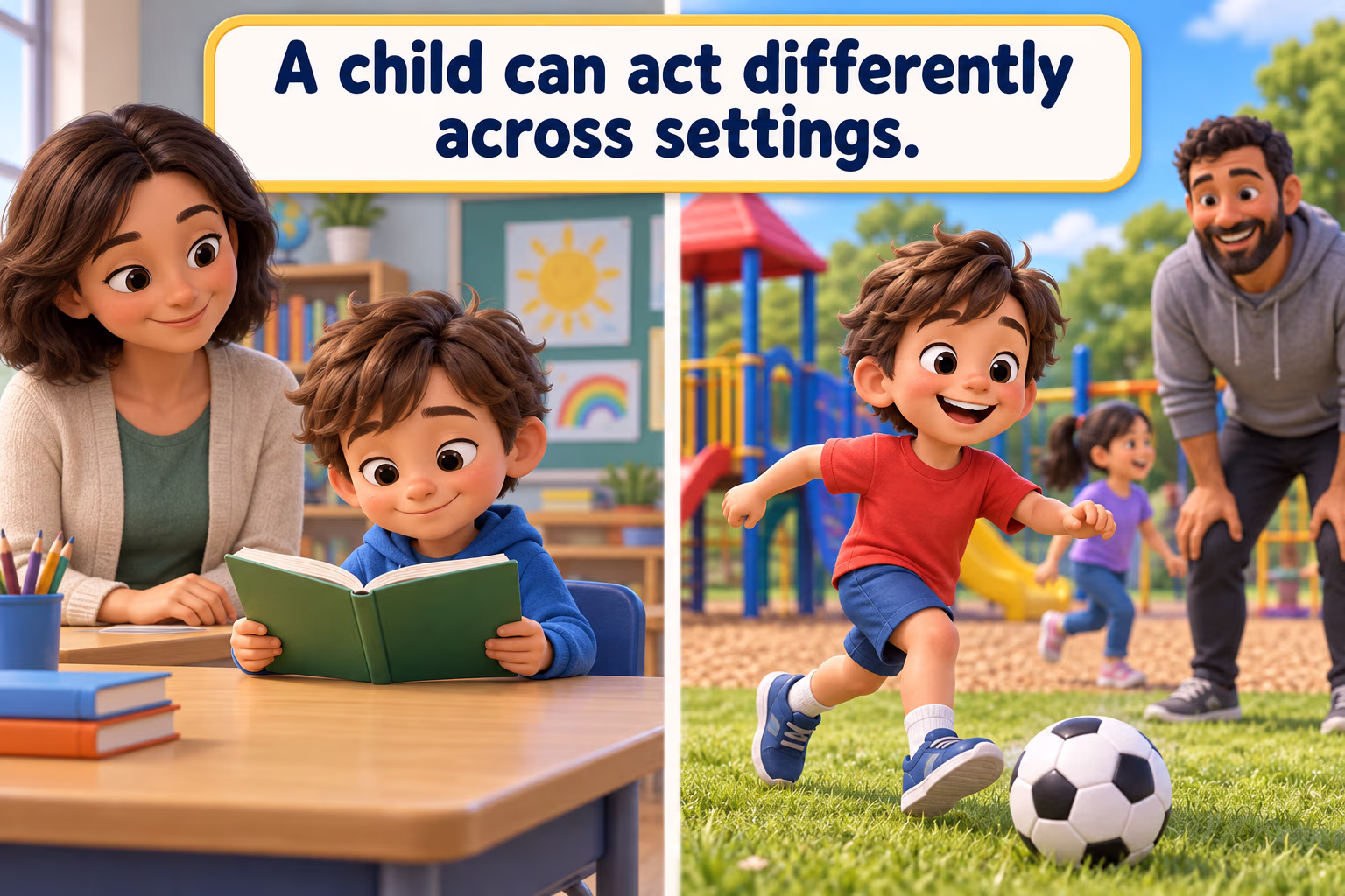A child reads quietly indoors and runs outside as the scene shows how behavior can vary by setting.