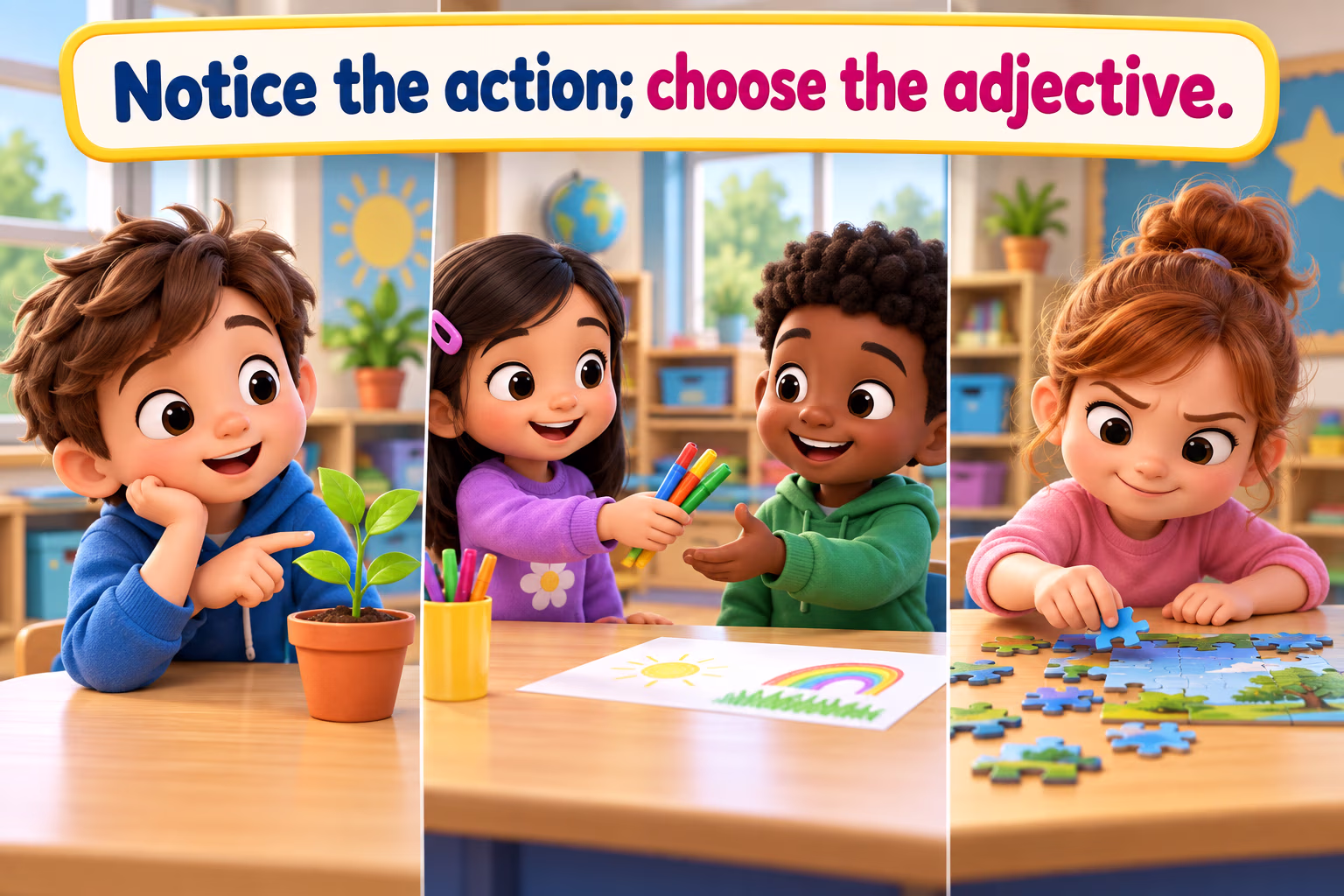 Three classroom moments show children asking a question, sharing art materials, and trying a puzzle beneath the words Notice the action; choose the adjective.