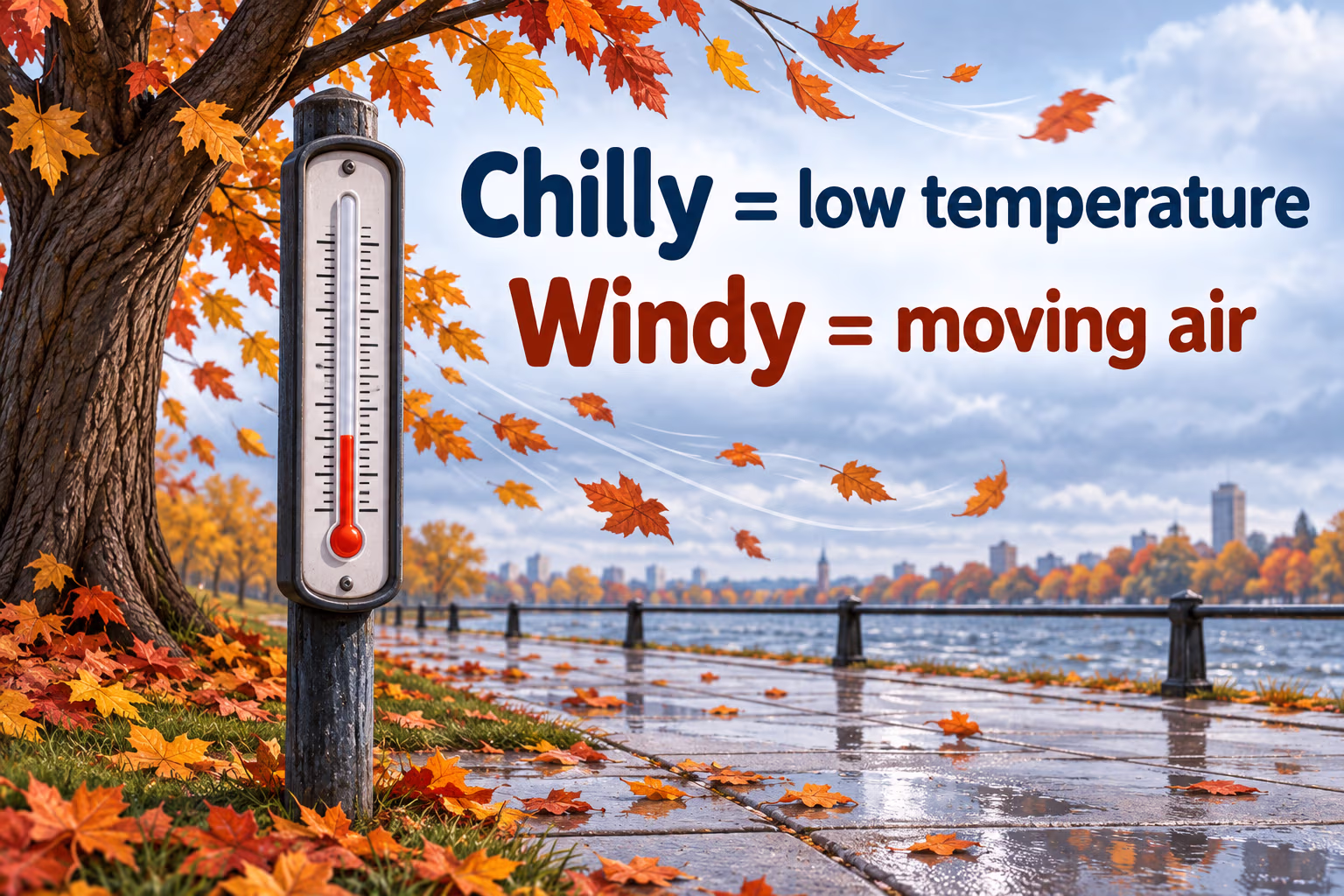 Autumn tree, thermometer, and windy wet walkway beside the text ‘Chilly = low temperature’ and ‘Windy = moving air’