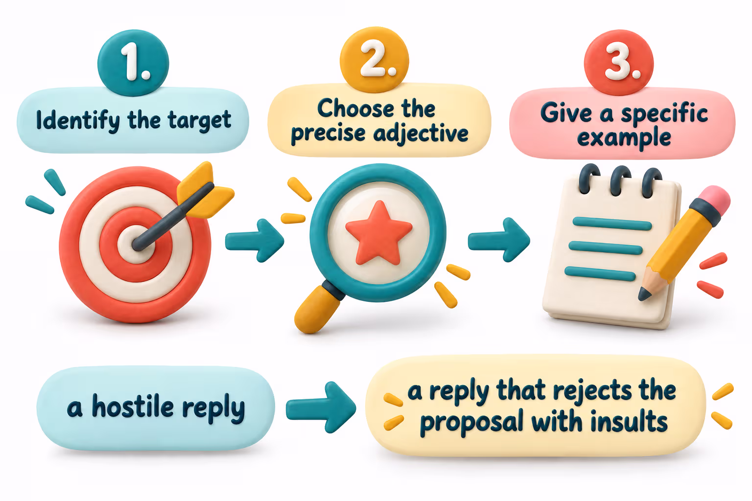 Three-step writing guide: identify the target, choose a precise adjective, and give a specific example.