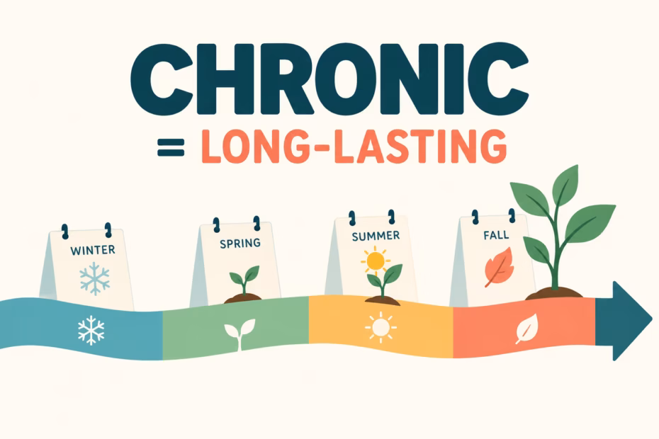 A timeline ribbon runs from winter through fall as a small plant grows, illustrating chronic as long-lasting.