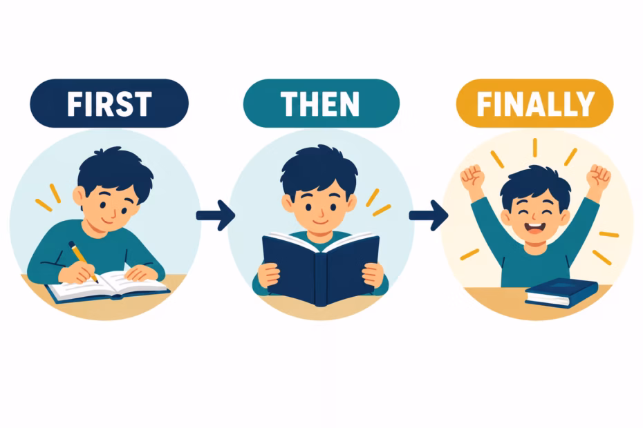 A student follows three events from first to then to finally on a left-to-right timeline.