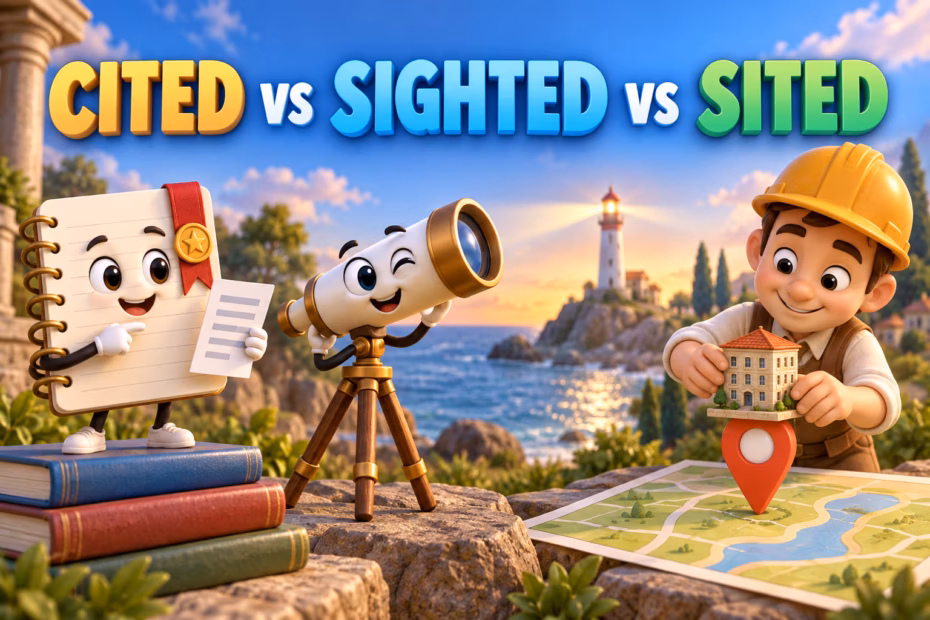 Playful 3D illustration titled Cited vs. Sighted vs. Sited, with a reference book, a lookout telescope, and an architect placing a clinic on a map.
